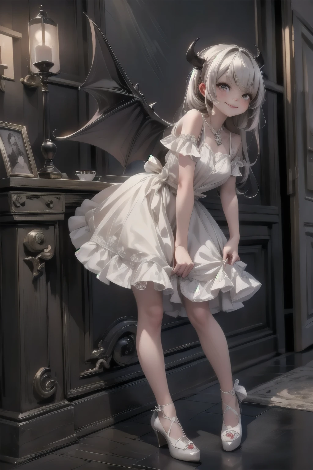 a cute demon smiling leaning forward, adjusting_footwear, lace cloth dress, theatre at night, creepy, horror style