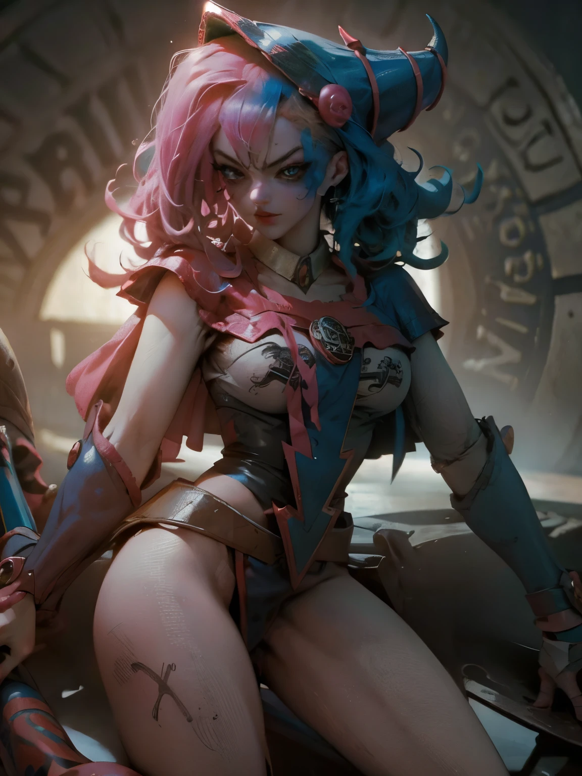 Hermosa y sensual dark magician gils vestida como Harley Quinn. pelo rojo y azul. Labios rojos. Ojos azules. Pose sensual y sexy. Toma cuerpo completo.