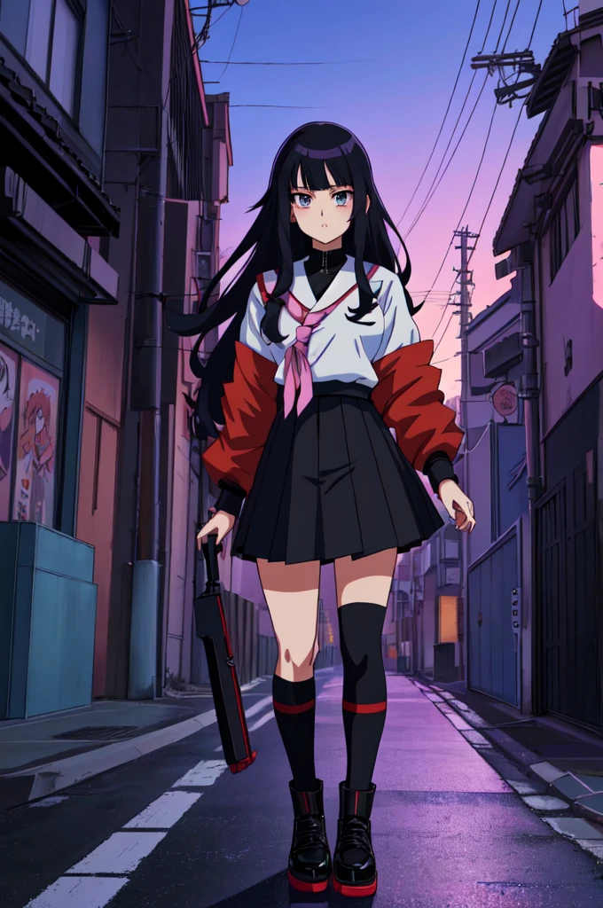anime character Sukeban delinquent girl  standing on a city street corner in black seifuku with black very long skirt, anime style. 8k, anime style mixed with fujifilm, retro anime girl, anime styled digital art, in neo tokyo, anime style illustration, anime style 4 k, anime style artwork, anime poster film still portrait, tokyo anime scene, modern anime style, anime style digital art
