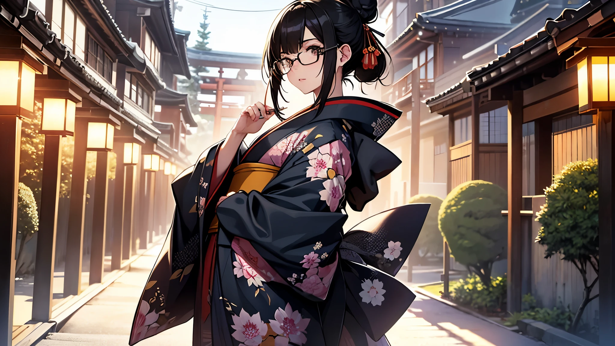 ((1girl:1.3)), Masterpiece, Best quality, amazing beauty, [[3D]], 4K, absurdres, finely detail, super detailed eye, perfect anatomy, official art, (full body), shoot from front, Kyoto, Yasaka Shrine, Standing Beautiful Girl, Warm lighting, Wearing a kimono, A kimono with a vividly colored pattern, Blue sky outside, Japanese anime style, hair bun, black hair, super shiny detailed black eye, pale skin, detailed skin, Daytime,Glasses, from a distance, Dark Eyes, A dignified expression