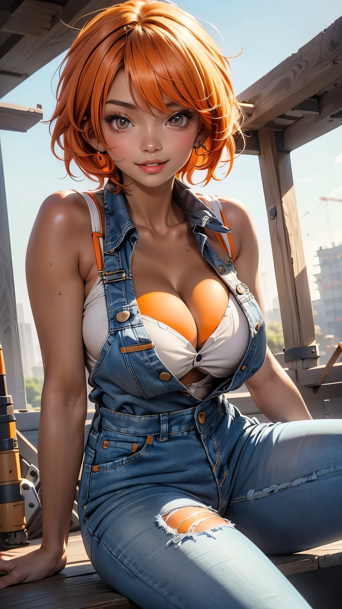 (((Only 1 woman))), ((lower camera shot, side shot)), masterpiece, 8k, high quality, ultra detailed, anime style, CG Unity, beautiful anime woman, ((26 years old, construction worker)), (((tanned skin: 1.3))), wearing ???? (((denim_overall))), (((cleavage: 1.3))), (((orange_short_hair))), brown eyes, ((perfect body)), (((???????:1.1, waist:1.0, ????:1.1, toned legs:1))), looking directly to camera, ???? gaze, ???? smile, ((lucious lips)), (((sitting on a beam, ???? pose))), it is a (((day scene))) in a construction site
