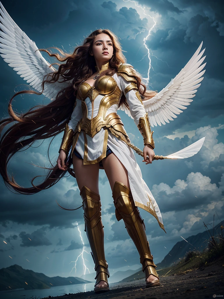 glorious victory scene,vivid colors,beautiful warrior female,beautiful surprised face,curly long hair,very big white open wings,looking to with observer,white armor with gold embroid details, dynamic angle, storm sky and lightning clouds background