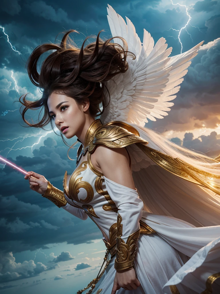 glorious victory scene,vivid colors,beautiful warrior female,beautiful surprised face,curly long hair,very big white open wings,looking to with observer,white armor with gold embroid details, dynamic angle, storm sky and lightning clouds background