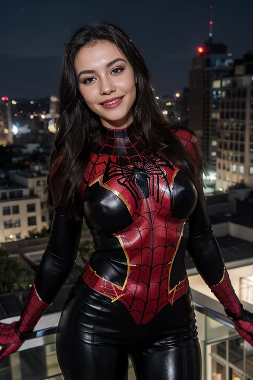 a woman, 25ear old, long brunette hairs, 8K, UHD, flash lighting, professional lighting, textured skin, romantic smile, sexy, cleavage, spiderwoman cosplay, spiderman costume, on a buiding roof, at night