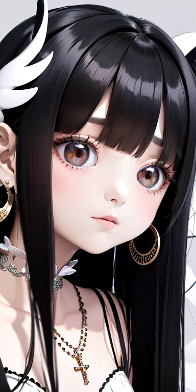 Top quality masterpiece illustrations、Black hair and black eyes、Wearing multiple necklaces、Wearing earrings、Little girl in black and white fancy dress looking up、Cute and elegant face with long hair on the upper body, the angle is fair when looking up、More hair details、