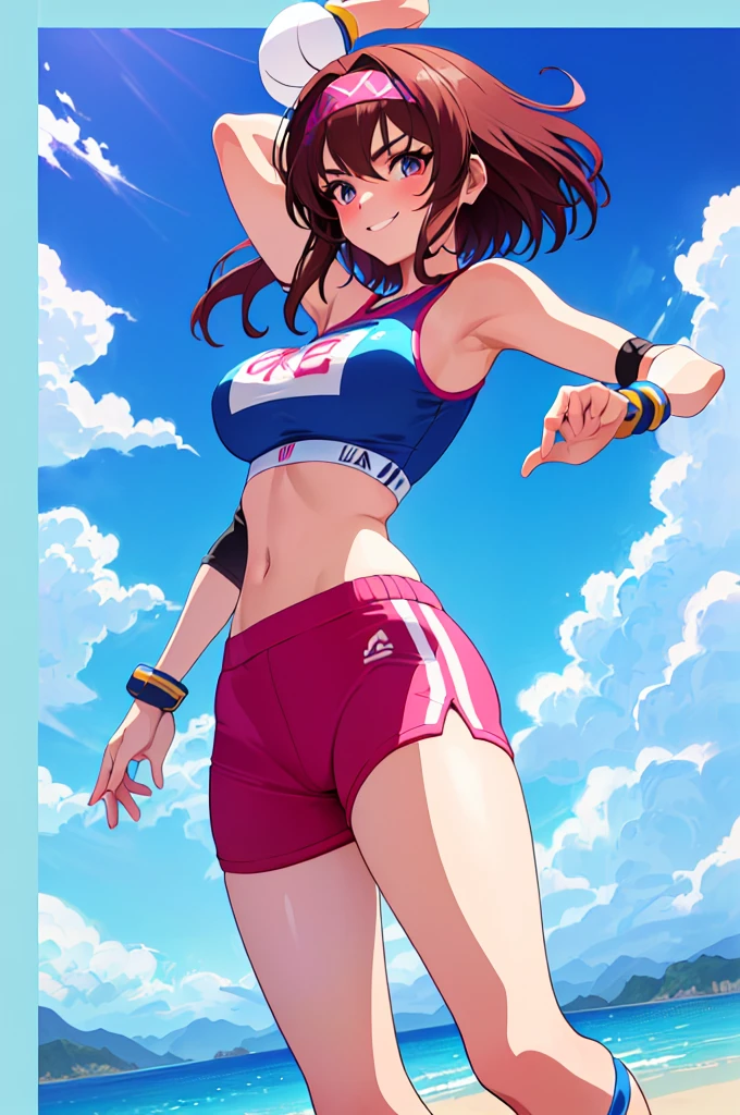 imagined a girl in extreme sport outfit playing to a flying disc game in a beach arena game sport, masterpiece, ultra-detailed, 80's anime (style), 2D, megapixel, perfectionism, full HD , 4K, (windjammers), windjammers sport game, windjammers 2 (((((solo mature anime woman,)))))++++++++++++++++++, looking at viewer, full body, brown hair and pink hair, short hair, weird hair, smile, lips, eyelashes, medium breasts, gym uniform, uniform, gym shorts, headband, sports bra, elbow pad, knee pad, extreme sports outfit 80's theme, beach background, playing flying disc game on a beach court game, sea, sun in the sky, sports wear