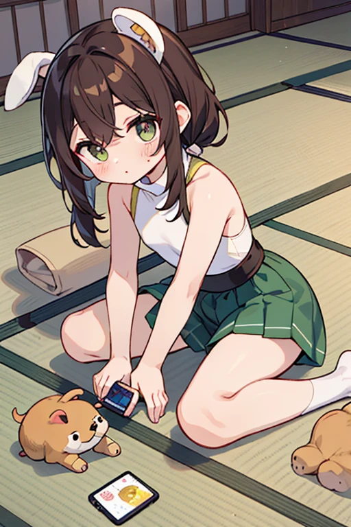 lindo, tatami,  rubio, ahogo, ojos verdes, Brown leather, orejas de conejo,conejo, colas gemelas, turtleneck, Falda larga, handheld game console, he&#39;is circling, estoy jugando un juego, tsundere, Lots of conejos, deformado