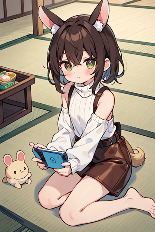 lindo, tatami, rubio, ahogo, ojos verdes, Brown leather, orejas de conejo,conejo, colas gemelas, turtleneck, Falda larga, handheld game console, he'is circling, estoy jugando un juego, tsundere, Lots of conejos, deformado