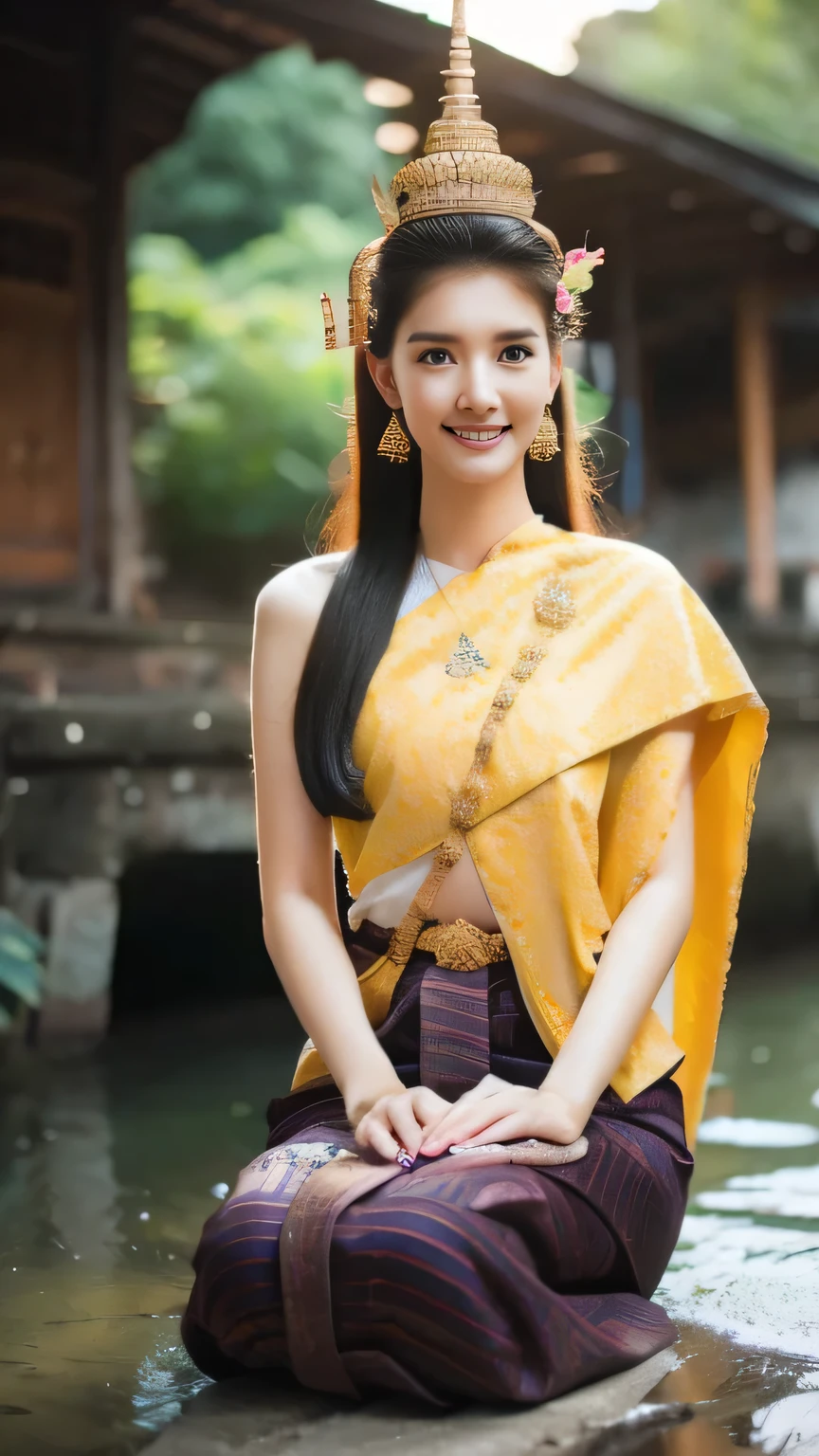 beautiful girl ,Thai women&#39;warrior, walking at thai measure, dynamic poses, Thai chat set, Strapless shirt, long hair,black eyes,abdominal muscles, plump body, rounded chest, (big breast:1.3), rift, morning sun, staring at the audience, (sexy poses), ((face details)), Double eyelids, That&#39;s finished., realistic, Masterpiece, Highest quality, lens flare, shade, old measure, measure, [[Chromatic aberration]], By Jeremy Lipking, By Antonio J.... Manzanedo, digital painting, HDR, high contrast
