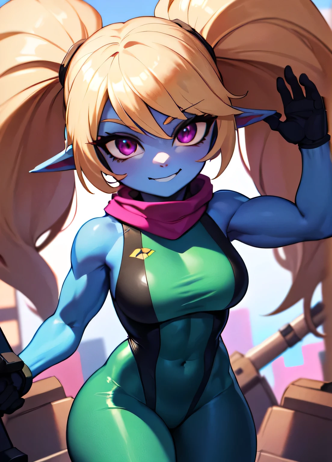 ((best quality)), ((highly detailed)), absurdres, extremely detailed face, beautiful face, (detailed eyes, deep eyes), (1woman), dynamic pose, cowboy shot, (poppy:1.1), yordle, blonde hair, twintails, magenta eyes, short, curvy,muscular, wide hips, ((colored skin, light blue skin)), large breasts, smirk, astronaut suit, green pants:.3, scarf, (holding colossal rocketmace), (inside, the ISS)