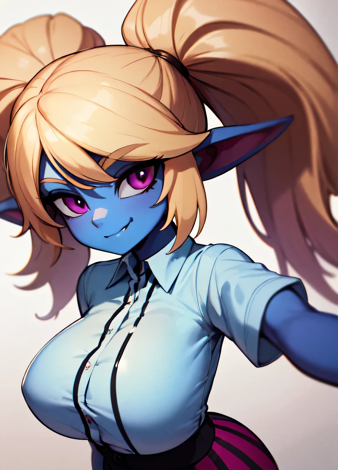 ((best quality)), ((highly detailed)), masterpiece, absurdres, detailed face, beautiful face, (detailed eyes, deep eyes), (1woman), dynamic pose, (poppy:1.1), blonde hair, twintails, magenta eyes, curvy, wide hips, ((colored skin, light blue skin)), large breasts, smirk, cropped shirt, short sleeves, skirt, thighhighs, professional photoshoot, detailed background