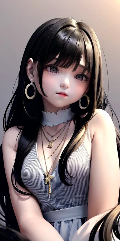 Top quality masterpiece illustrations、individual、Black hair and black eyes、Wearing multiple necklaces、Wearing earrings、Little girl in black and white fancy dress looking up、Cute and elegant face with long hair in the upward view. The angle of the sideways view is fair.、More hair details、