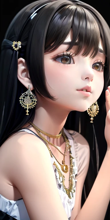 Top quality masterpiece illustrations、individual、Black hair and black eyes、Wearing multiple necklaces、Wearing earrings、Little girl in black and white fancy dress looking up、Cute and elegant face with long hair in the upward view. The angle of the sideways view is fair.、More hair details、