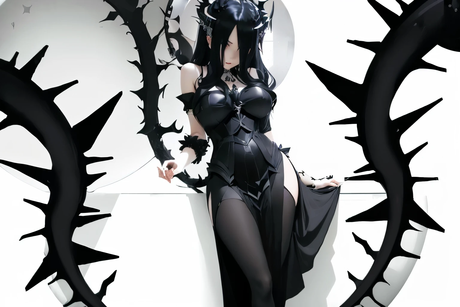 anime girl in black dress standing in front of a circular mirror, the queen of blades, dark goddess with six arms, queen of blades, gapmoe yandere grimdark, demon anime girl, black and white manga style, evil godess, white horns queen demon, dark demonic dancer, demon woman, fine details. anime. tentacles, succubus