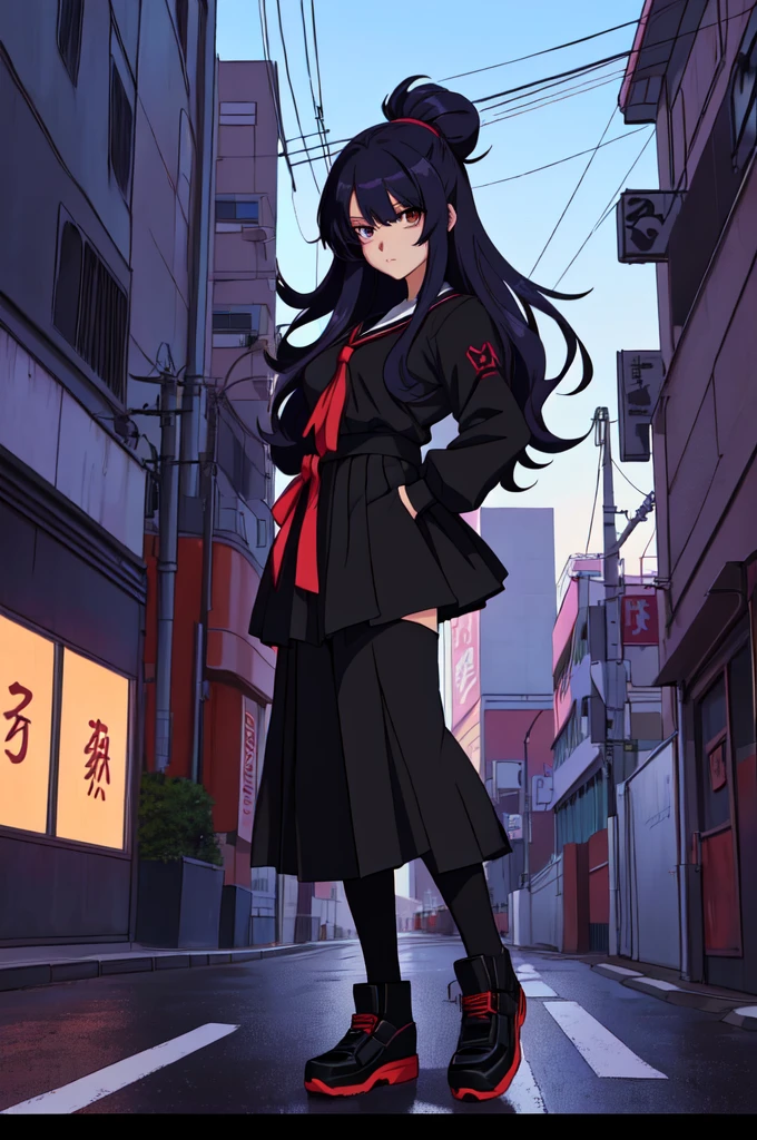 anime character Sukeban delinquent girl standing on a city street corner in black seifuku with black very long skirt, anime style. 8k, anime style mixed with fujifilm, retro anime girl, anime styled digital art, in tokyo, anime style illustration, anime style 4 k, anime style artwork, anime poster film still portrait, tokyo anime scene, modern anime style, anime style digital art