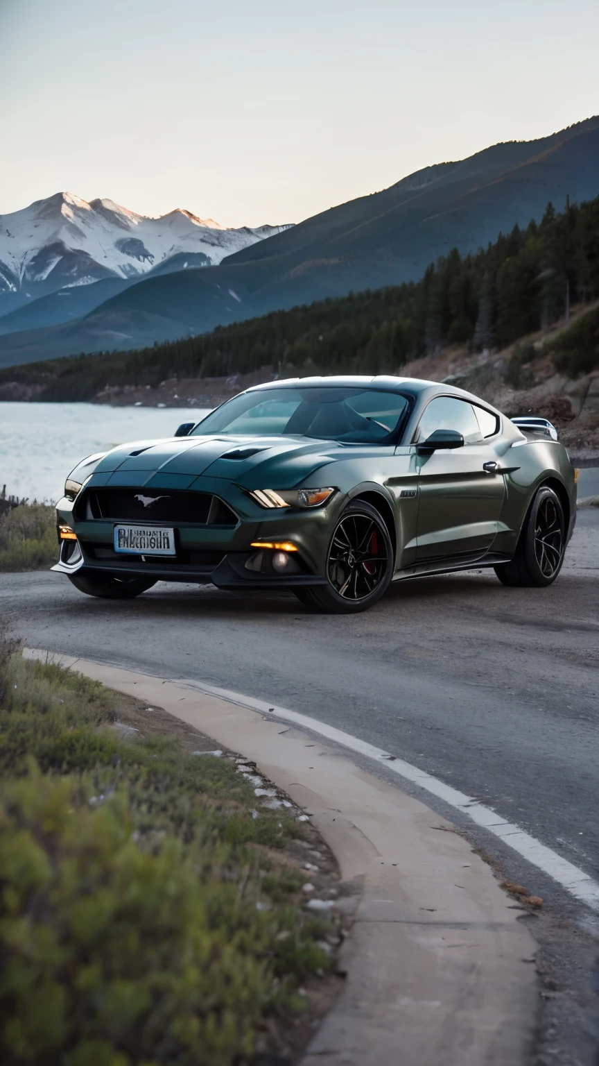 Night time, Sky Full of Stars, milky way galaxy visible in the sky, Aurora Borealis, Full Body Shot, Dramatic, Hollywood, Motion, on frozen lake, There is a custom matte black Ford Mustang GT Tires, blacked out windows, with race stickers on the windshield and body of the car. It is driving a rocky terrain in Aspen, Colorado. It is day time, and there are trees and cliffs in the background. Ultrarealistic, 8K, 16K, Photorealistic, Photorealism, offroad, 4x4, America, Vignette, DSLR