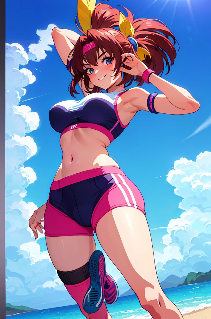 safe for work,(perfect composition),imagined a girl in extreme sport outfit playing to a flying disc game in a beach arena game sport, masterpiece, ultra-detailed, 80's anime (style), 2D, megapixel, perfectionism, full HD , 4K, (windjammers), windjammers sport game, windjammers 2 (((((solo mature anime woman,)))))++++++++++++++++++, looking at viewer, full body, brown hair and pink hair, short hair, weird hair, smile, lips, eyelashes, medium breasts, gym uniform, uniform, gym shorts, headband, sports bra, elbow pad, knee pad, extreme sports outfit 80's theme, beach background, playing flying disc game on a beach court game, sea, sun in the sky, sports wear