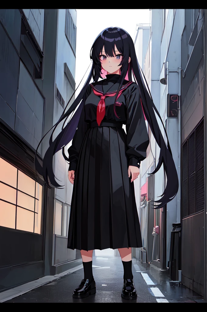 anime character Sukeban delinquent girl standing on a city street corner in black seifuku with black very long skirt, anime style. 8k, anime style mixed with fujifilm, retro anime girl, anime styled digital art, in tokyo, anime style illustration, anime style 4 k, anime style artwork, anime poster film still portrait, tokyo anime scene, modern anime style, anime style digital art