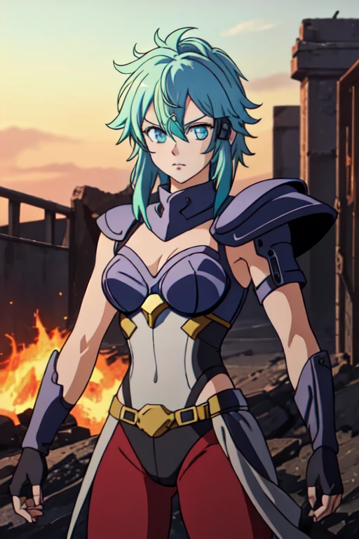 (masterpiece), (best quality), (1girl), girl, armor, cool pose, battle field background, fire background, saint seiya armor, messy blue hair, mask, 