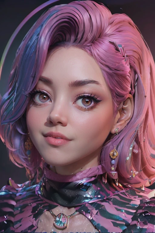 foto de celebridad, crudo, mujer hermosa, ((retrato)), ((detallado face, Colorful rainbow hair:1.2)), ((detallado facial feature, detallado skin, Piel clara, Labios partidos), (cuerpo perfectamente proporcionado, pechos medianos), ((vistiendo mangas cortas de verano, Hair arco, falda rosa, arco, Pink arco, Pelo RIZADO, pecho, joyas: 1.5)), (high detallado dark forest: 1.3), (foto realista, mejor calidad, detallado), (fondo de pantalla 8k), (cinematic lighting, dramatic lighting) (Sharp focus, intrincado)