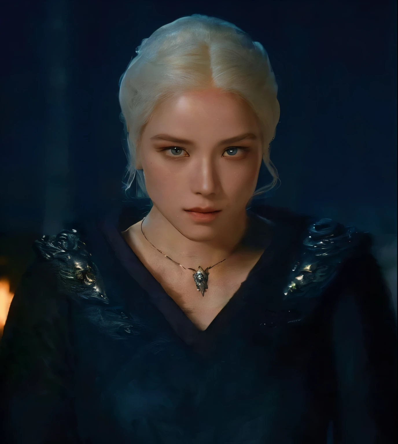 Mujer arafed con un collar y un collar de cruz., Targaryen, as a medieval fantasy character, del brujo (2021), estilo de juego de tronos, frame from a fantasy movie, una reina, de tronos, momzzang, maquillaje popular de Corea del Sur