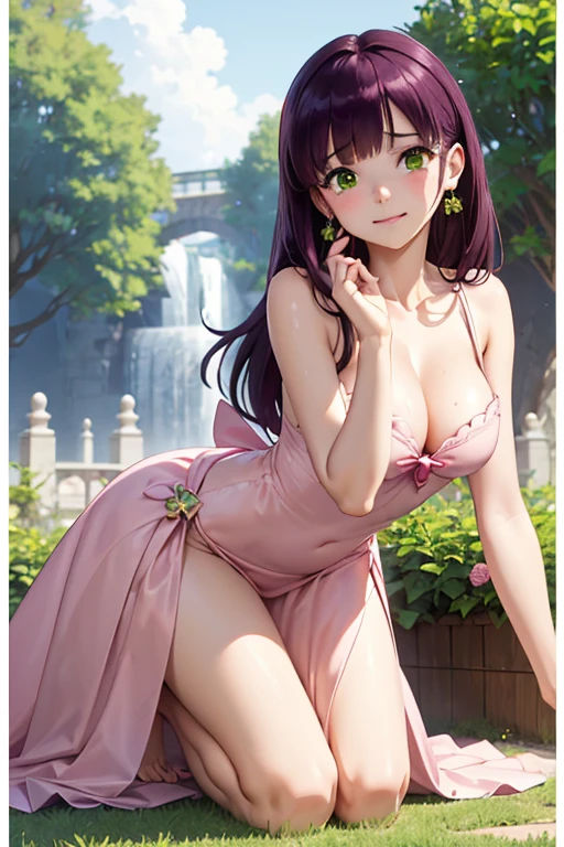 Very detailed CG Unity 8K wallpaper, Cute One lady, Mature Hair、lady ,beautiful lady, pale skin (Super masterpiece, Beautiful person, well detailed face polluted smile, Photorealistic, hyper realisitic), Perfect hands、Five fingers、Perfect hands、Perfect legs、Perfect toes、
((20year old、Pink gorgeous dresses 、Best Bust、(Bust 85cm)、(middle breasts)、
open chest wide、Happiness、A slender、Shy face、earrings、kneeling,Get closer to your audience、The gesture of pulling up the hair:1.3))、(Crying face:1.5)、
hiquality、visualart、Romance movie style、
(European countryside landscape))、cleavage,cleavage cutout、(Sweaty all over:1.5)、underboobs、
shinobu miyake:1.5, long hair, bangs, purple hair, (green eyes:1.5))