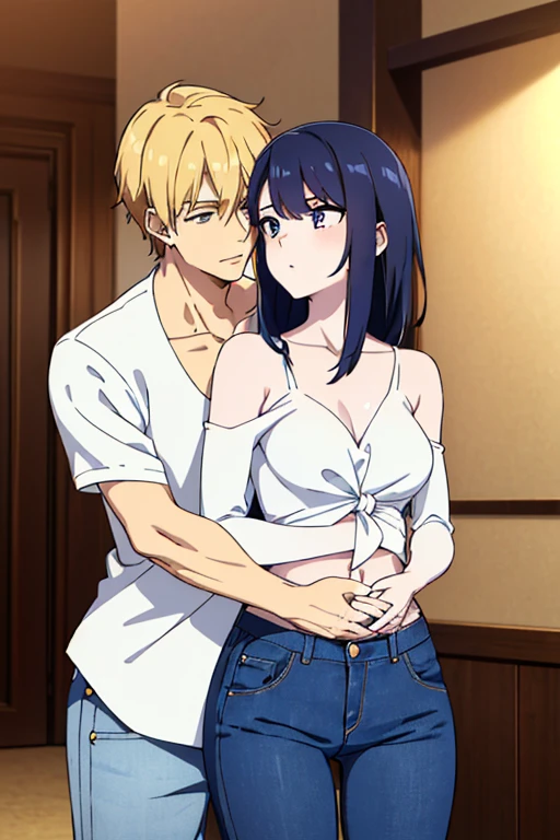 (cute couple), (detailed), perfect face, anime woman in a deep V-neck tied top, (bare shoulders), (jeans), (resting hands on the stomach), (slim woman), (smooth and shiny skin), (best quality), (masterpiece), ((a white skin handsome formal boy is hugging her)), ((the boy is wearing formal shirt and trousers))