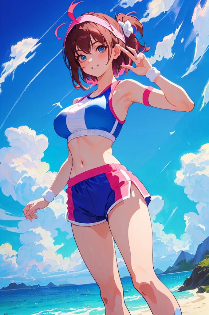 imagined a girl in extreme sport outfit playing to a flying disc game in a beach arena game sport, masterpiece, ultra-detailed, 80's anime (style), 2D, megapixel, perfectionism, full HD , 4K, (windjammers), windjammers sport game, windjammers 2 (((((solo anime woman,)))))++++++++++++++++++, looking at viewer, full body, brown hair and pink hair, short hair, weird hair, smile, lips, eyelashes, medium breastuniform, uniform, gym shorts, headband, sports bra, elbow pad, knee pad, extreme sports outfit 80's theme, beach background, playing flying disc game on a beach court game, sea, sun in the sky, sports wear