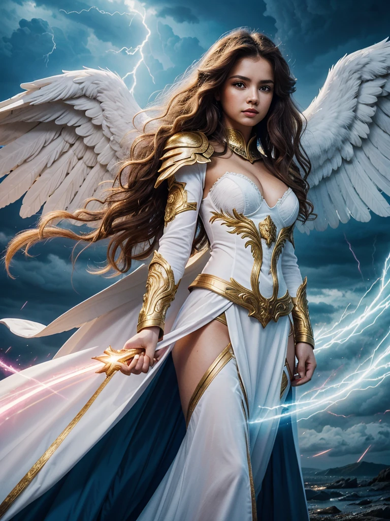 vivid colors,beautiful warrior angel female with big white open wings,beautiful surprised face,curly long hair,looking to with observer,white armor with gold embroid details, dynamic angle, storm sky and lightning clouds background