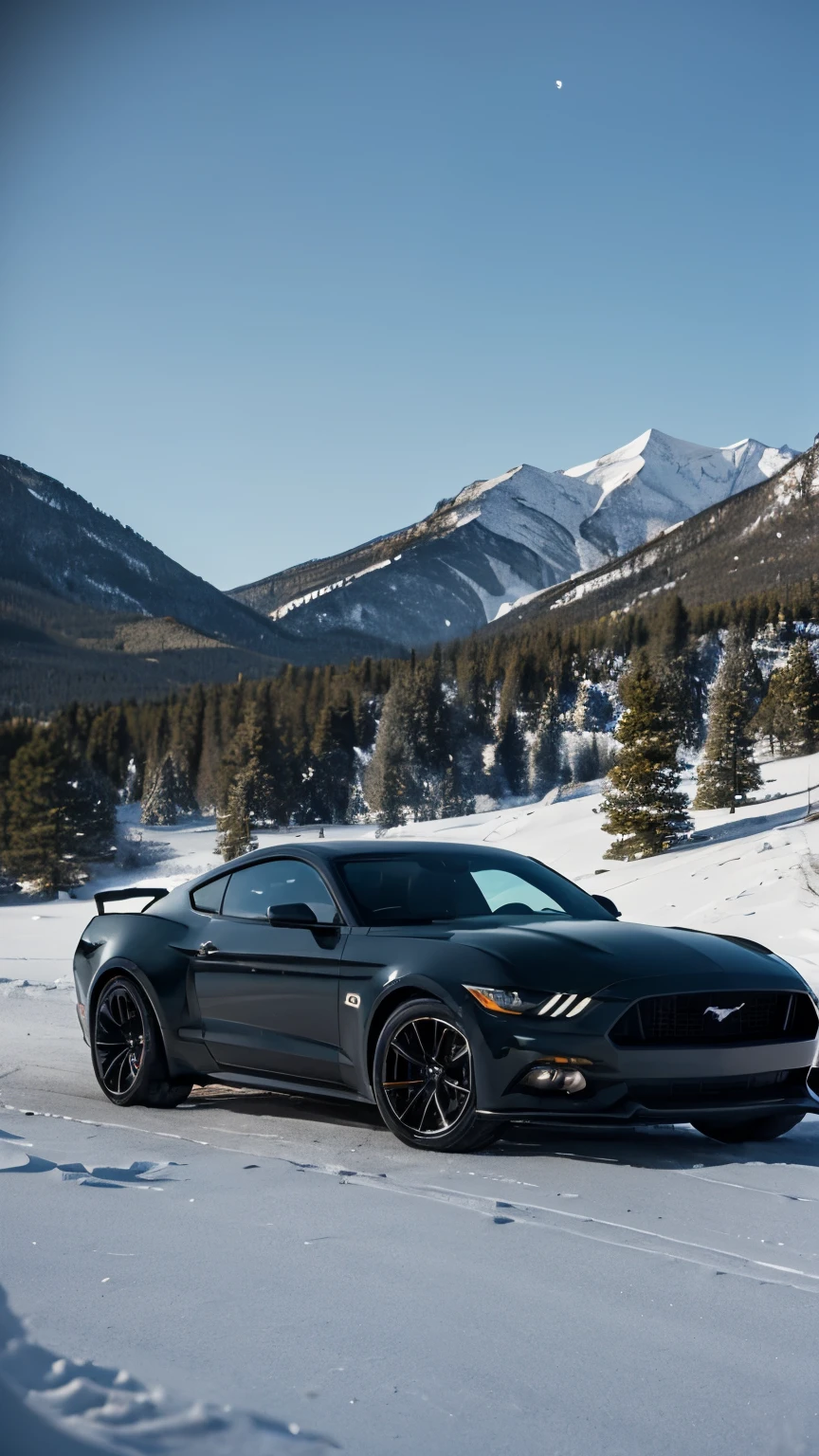 Night time, Sky Full of Stars, milky way galaxy visible in the sky, Aurora Borealis, Full Body Shot, Dramatic, Hollywood, Motion, on frozen lake, There is a custom matte black Ford Mustang GT Tires, blacked out windows, with race stickers on the windshield and body of the car, there are mud stains on the sides of the car near the wheels. It is driving a rocky terrain in Aspen, Colorado. It is day time, and there are trees and cliffs in the background. Ultrarealistic, 8K, 16K, Photorealistic, Photorealism, offroad, 4x4, America, Vignette, DSLR