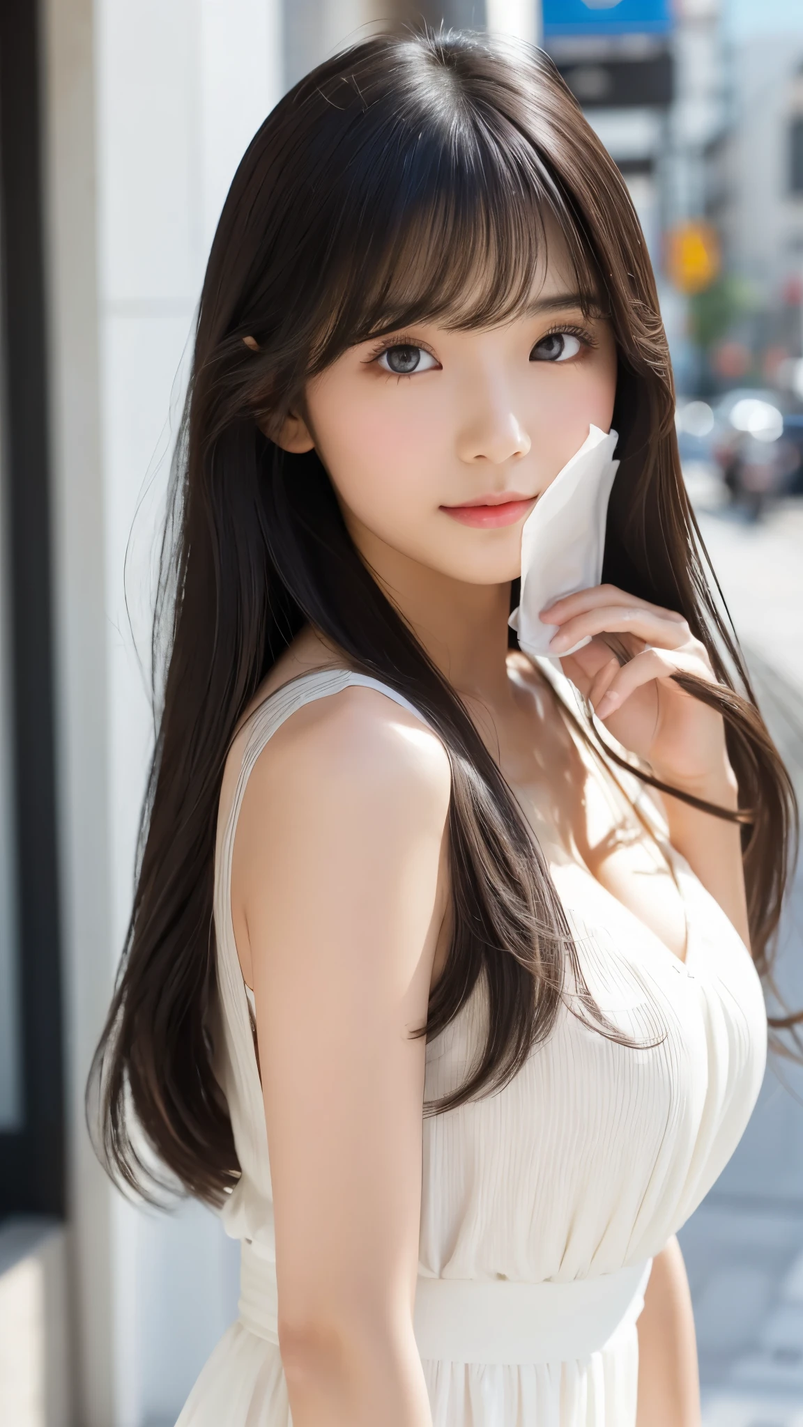 Shining, clear, white skin、Her windblown black hair hides her beautiful face.、huge、Sexy beautiful face of 28 years old、Beautiful straight hair that stands out、growing up, glowing light brown eyes、Sexy long silky bangs covering the eyes, Sexy young woman with super long hair hiding her sexy face、Shiny black hair、(((Sexy Woman)))、The cleavage is visible,Red sexy dress