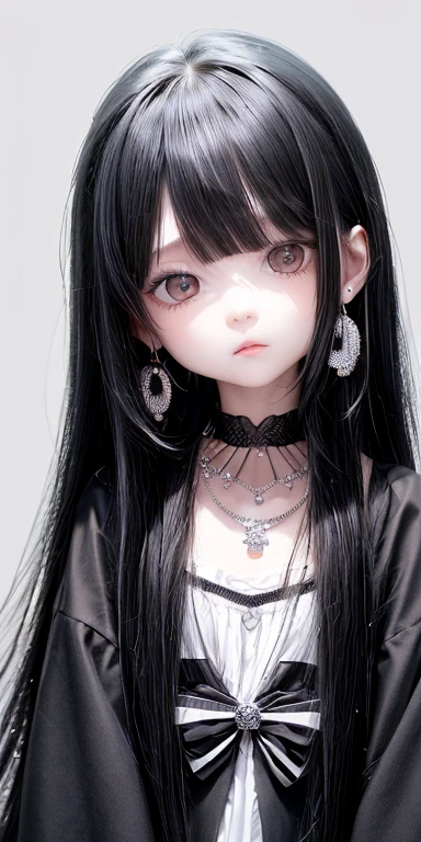 Top quality masterpiece illustrations、Black hair and black eyes、Wearing multiple necklaces、Wearing earrings、Little girl in black and white fancy dress looking up、Cute and elegant face with long hair in the upward view. The angle of the lower body is fair.、More hair details、