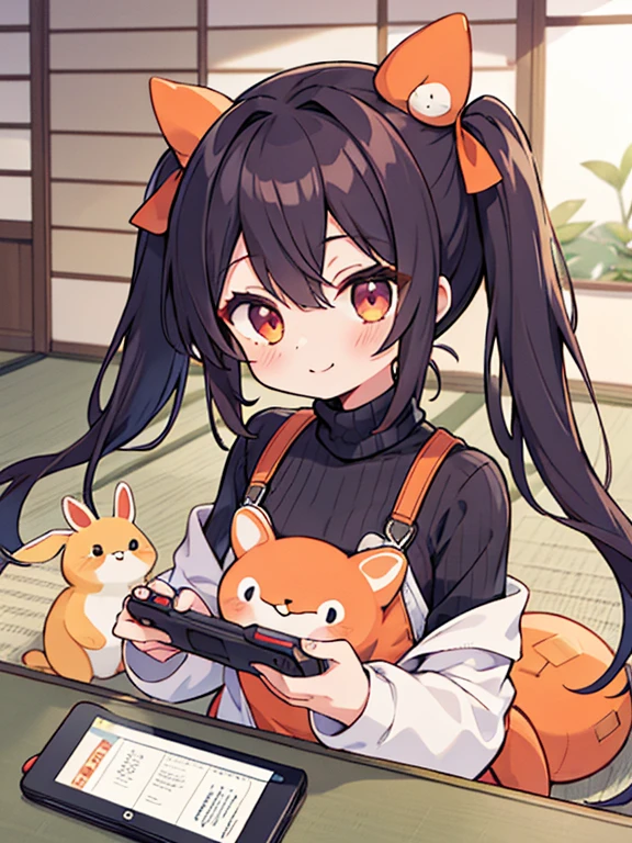 1 girl, kokonoe rin, lindo, tatami, rubiolargo,cute smile, ojos cafe naranja, Piel clara, twintail ,conejo, colas gemelas, turtleneck, Falda larga, handheld game console, he&#39;is circling, estoy jugando un juego, tsundere, Lots of conejos, deformado