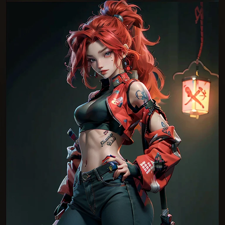 a woman with red hair and tattoos neon luminosos, espada katana flamejante gold, on her arm, instagram hd, headcrab, cover art, screengrab, cubo neon red, detalhes florescentes luminosos, crosses, 1 2 k, female android, female fursona, tiktok, 1:1 album artwork, goblinko, 8 h, smiley profile, famous artist, inspired by Georg Schrimpf, 2 0 7 7
