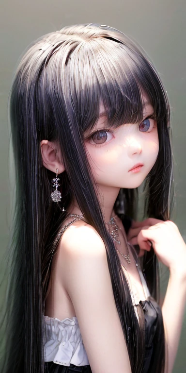 Top quality masterpiece illustrations、Black hair and black eyes、Wearing multiple necklaces、Wearing earrings、 in black and white fancy dress looking up、Cute and elegant face with long hair in the upward view. The angle of the lower body is fair.、More hair details、