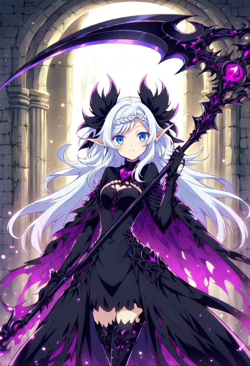 nephy, long_hair, pointy_ears, 1girl, white_hair, elf, blue_eyes, solo, bangs, braid,ribbon, collar (holding a black scythe:1.2), black fog on scythe, dungeon entrance, goth dress, vibrant, concept art, (cowboy shot:1.2), score_9, score_8_up, score_7_up, , anime coloring ,BREAK source_anime,
