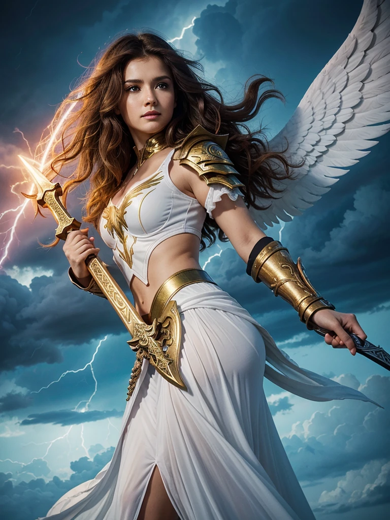 vivid colors,beautiful warrior angel female with big white open wings,beautiful surprised face,curly long hair,wielding a sword,looking to with observer,white armor with gold embroid details, dynamic angle, storm sky and lightning clouds background