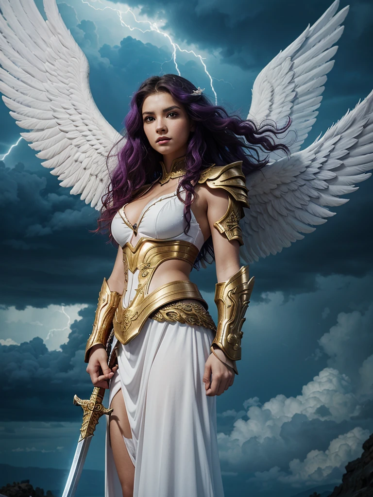 vivid colors,beautiful warrior angel female with big white open wings,beautiful surprised face,curly long hair,wielding a sword,looking to with observer,white armor with gold embroid details, dynamic angle, storm sky and lightning clouds background