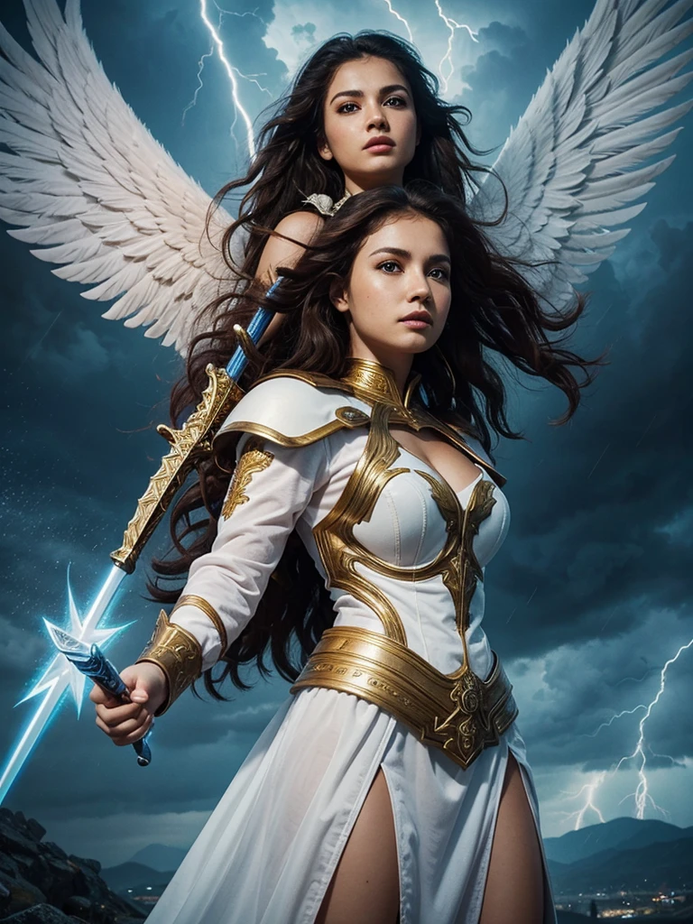 vivid colors,beautiful warrior angel female with big white open wings,beautiful surprised face,curly long hair,wielding a sword,looking to with observer,white armor with gold embroid details, dynamic angle, storm sky and lightning clouds background