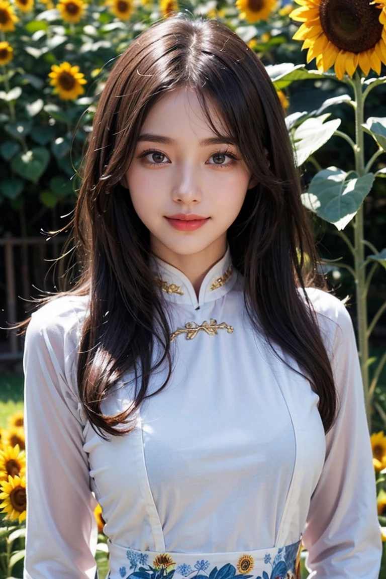 Top-quality Realistic,Official art,Highly detailed CG Unity 8k wallpaper,ultra-detailliert,hight resolution,Physically-based rendering,Magnificat,finely detail,masterpiece,Best Quality,ultra detailed,Mature beauty,Beautiful women,1girl,moist lips,sexy lips,Sexy smile,Gentle smile, 20 years old, Beautiful bare skin,Smooth bare skin, big well-shaped breasts, beautiful cleavage,beautiful Mature body,swept bangs,(Medium hair:1.3), beautiful detailed eyes,model shoot style,Japanese Idol,Full-body,((Sunflower blooming field)),BREAK, ((Ao dai:1.3)),(vietnamese national costume),Standing model pose,Delicately expressed eyes,cute smile,shoot from below,(Walking in the Sunflower street blooming on both sides),walking model pose,spread arms,((Extreme close-up)),