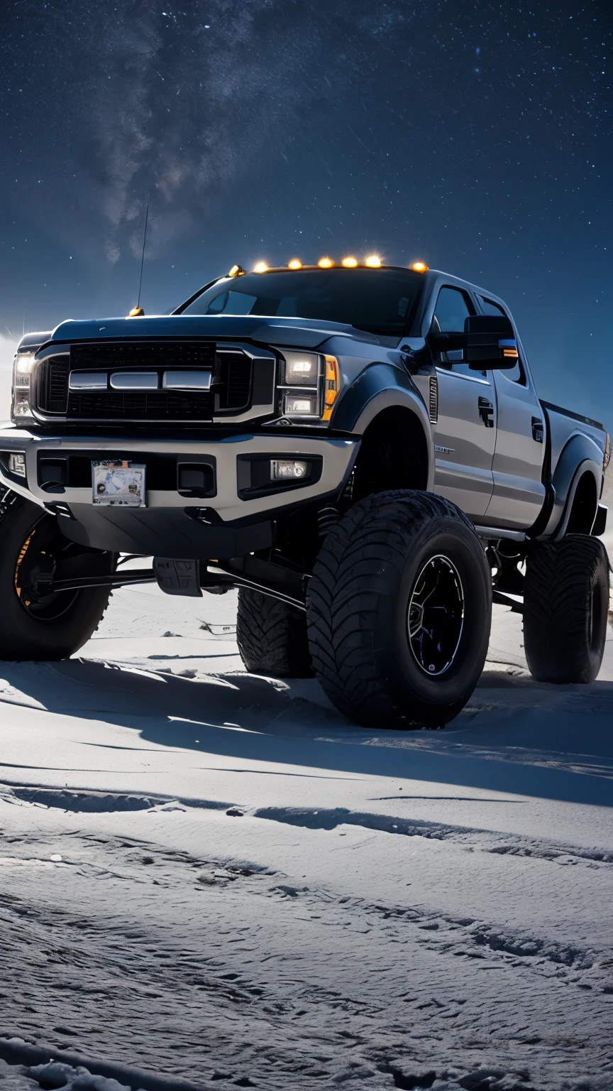Night time, Sky Full of Stars, milky way galaxy visible in the sky, Aurora Borealis, Full Body Shot, Dramatic, Hollywood, Motion, on frozen lake, There is a custom matte black Ford F550, Huge Monster Truck tires and wheels, custom body job, halogen headlights, blacked out windows, with race stickers on the windshield and body of the car, there are mud stains on the sides of the car near the wheels. It is driving a rocky terrain in Aspen, Colorado. It is day time, and there are trees and cliffs in the background. Ultrarealistic, 8K, 16K, Photorealistic, Photorealism, offroad, 4x4, America, Vignette, DSLR
