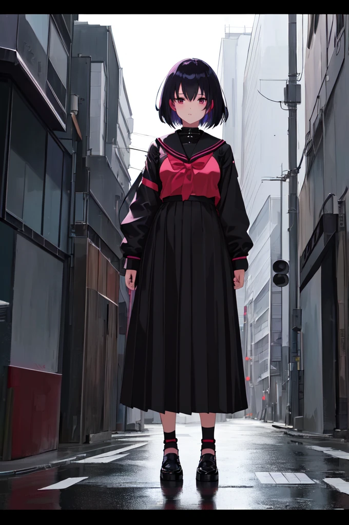 anime character Sukeban delinquent girl  standing on a city street corner in black seifuku with black very long skirt, anime style. 8k, anime style mixed with fujifilm, retro anime girl, anime styled digital art, in tokyo, anime style illustration, anime style 4 k, anime style artwork, anime poster film still portrait, tokyo anime scene, modern anime style, anime style digital art, short hair, 26year old