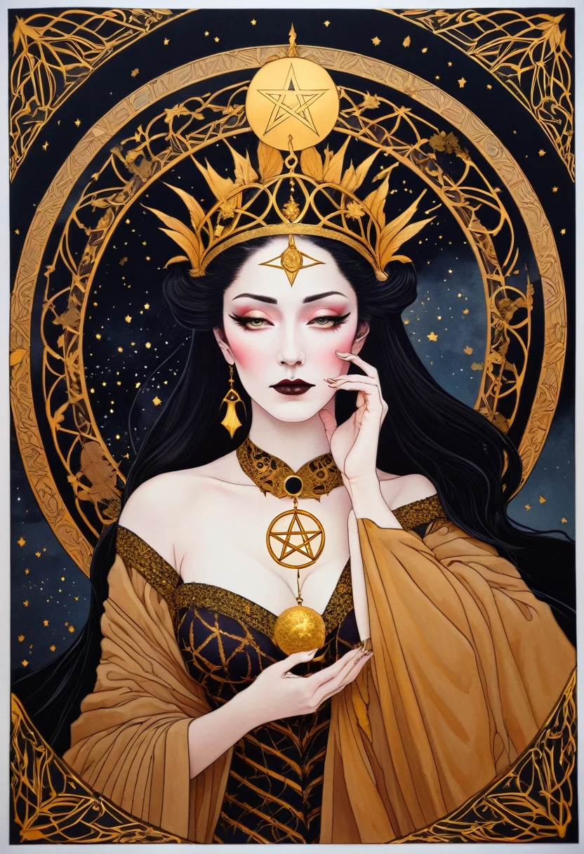 tarot card, chiaroscuro technique on sensual illustration of an queen of pentacle, vintage queen, earthy eerie, matte painting, by Hannah Dale, by Harumi Hironaka, extremely soft colors, hint of gold vibrant, highly detailed, digital artwork, high contrast, dramatic, refined, tonal, highest quality,anatomy correct,ultra-wide-angle,depth of fields. Holding the pentacles