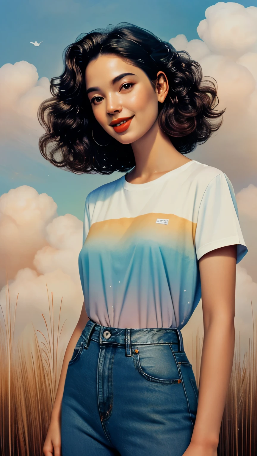 (, line art, halftone),((startled,full shot body,looking at viewer, )),(Pastel colors,dreamscape,white sky, foggy clouds) ((best quality)), ((masterpiece)), ((realistic)), (detailed), portrait, Sunshine on my skin, Joyful laughter fills the air, Life is good within, stunning gradient colors, no watermark signature, detailed background, insanely detailed, ((masterpiece)), absurdres, HDR, blue Jeans, white sneakers
