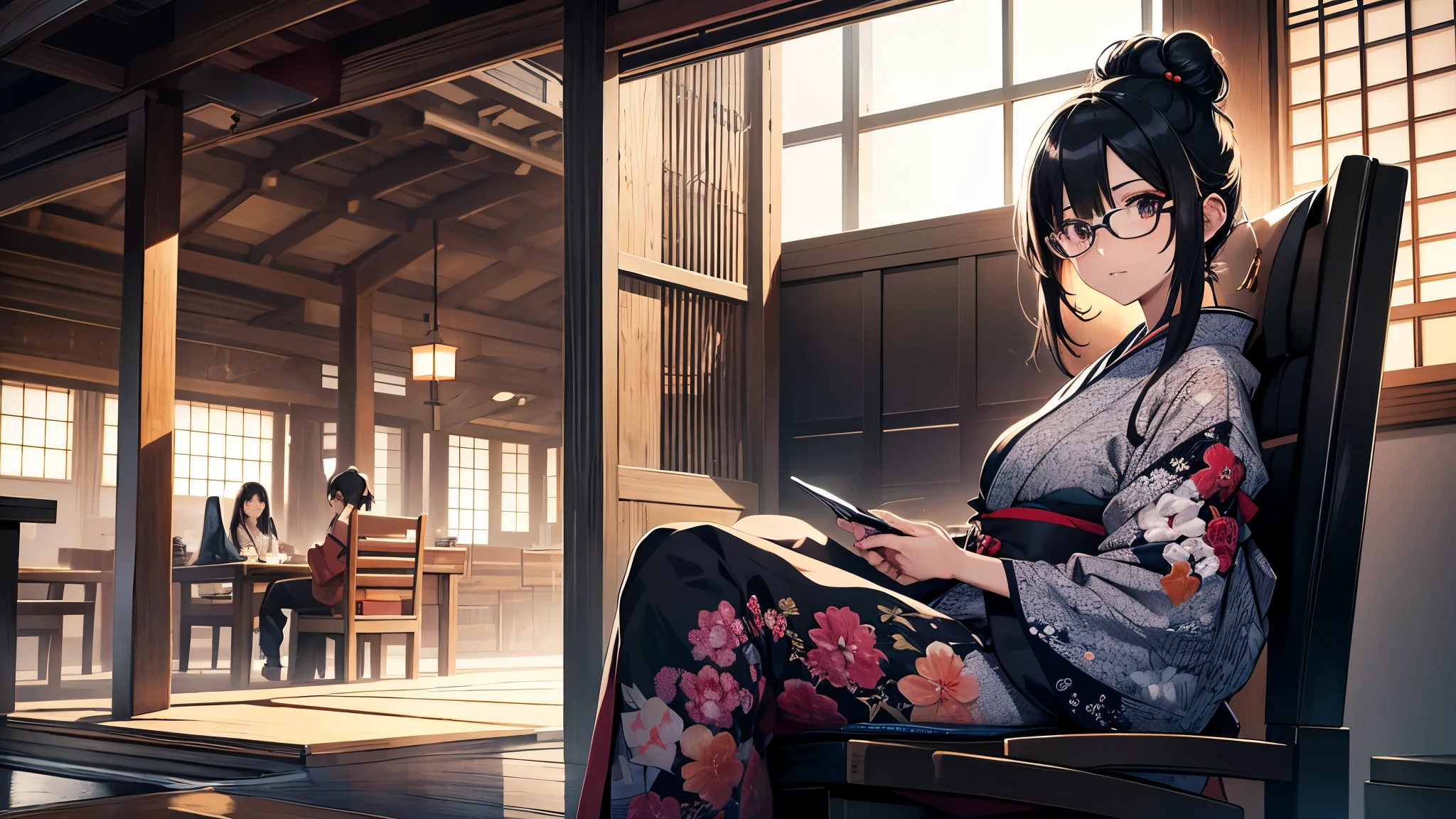 ((1girl:1.3)), Masterpiece, Best quality, amazing beauty, [[3D]], 4K, absurdres, finely detail, super detailed eye, perfect anatomy, official art, (full body), shoot from front, Kyoto, Sitting in a chair at a Japanese-style cafe, beautiful girl, 1 person, Warm lighting, Wearing a kimono, A kimono with a vividly colored pattern, Blue sky outside, Japanese anime style, hair bun, black hair, super shiny detailed black eye, pale skin, detailed skin, Daytime,Glasses, from a distance, Dark Eyes, A dignified expression