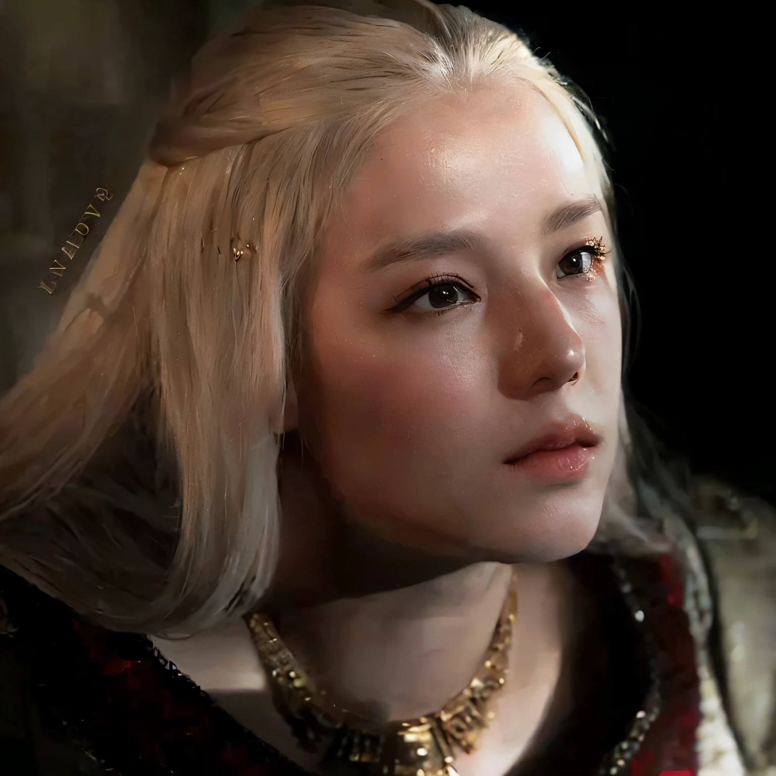 mujer rubia con un collar y un collar en el cuello, retrato lateral de la realeza, as a medieval fantasy character, reina medieval., eve ventrue, Obra maestra! Retrato de Arwen, of queen, retrato de una reina, Targaryen, fan art fotorrealista, del brujo (2021), momzzang, maquillaje popular de Corea del Sur