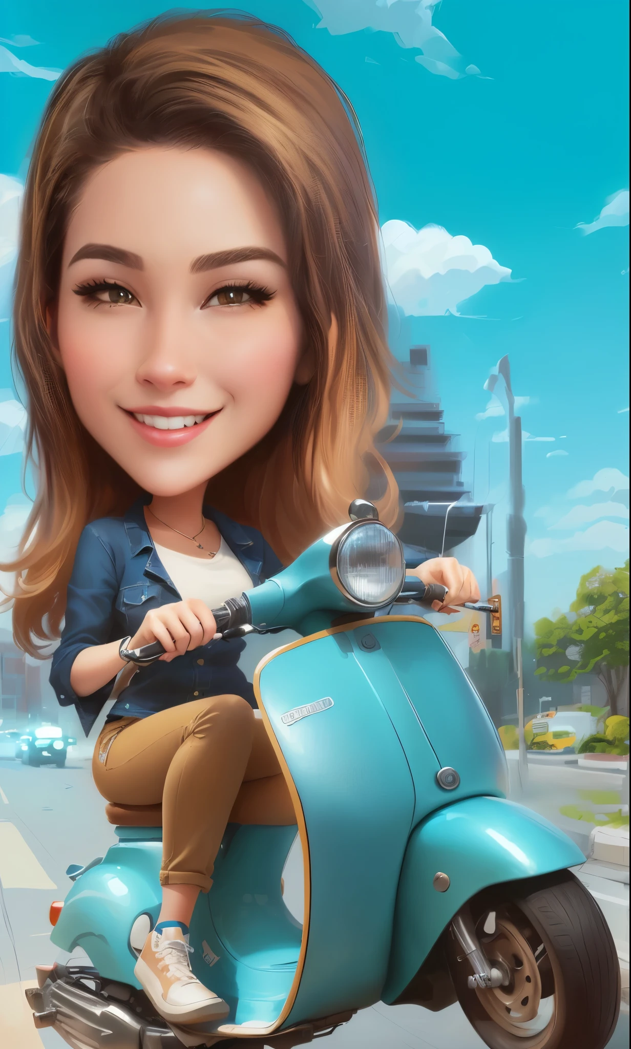 Girl wear casual and elegant clothes, wear girl shoes, And wearing long blue jeans, Black and gold striped hair,a cartoon girl riding a scooter on a city street, caricature illustration, caricature style, cartoon portrait, cartoon digital painting, cartoon digital art, cartoon artstyle, cartoon style illustration, in cartoon style, caricature!!!, in style of digital illustration, digital cartoon painting art, proffesional illustration, digital art cartoon, cartoon art, professional illustration, commercial illustration