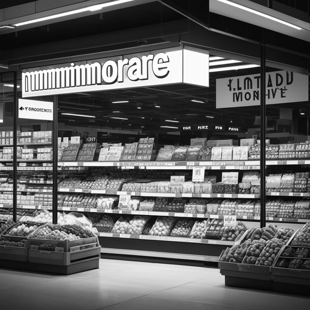 Vectoritize a ((simple flat minimalistic monochromatic logo)), featuring (a grocery store) well illuminated, low detail, logo, 2d (text say:"Grocery")