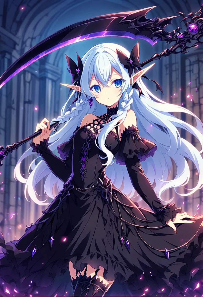 nephy, long_hair, pointy_ears, 1girl, white_hair, elf, blue_eyes, solo, bangs, braid,ribbon, collar (holding a black scythe:1.2), black fog on scythe, dungeon entrance, goth dress, vibrant, concept art, (cowboy shot:1.2), score_9, score_8_up, score_7_up, , anime coloring ,BREAK source_anime,
