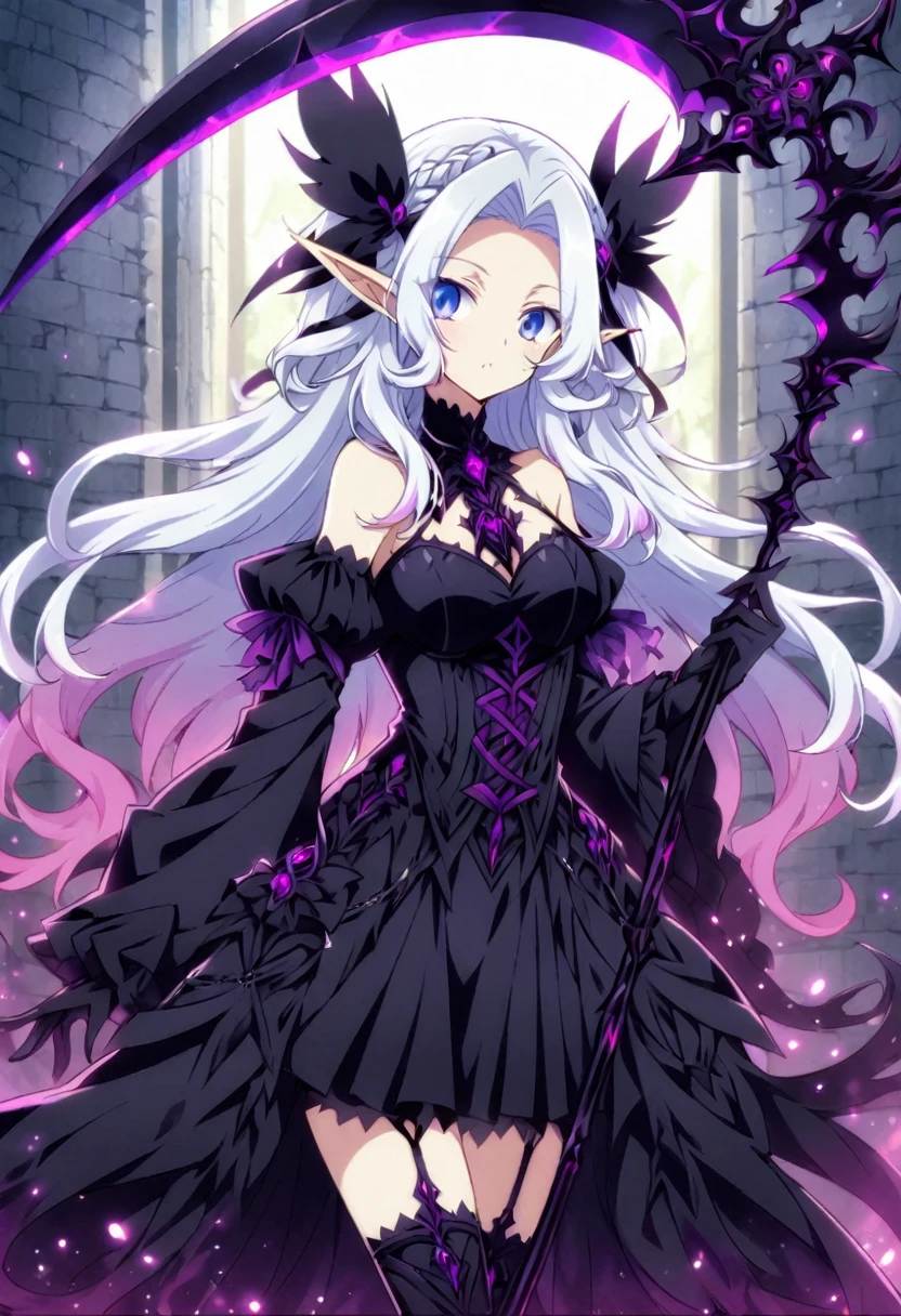 nephy, long_hair, pointy_ears, 1girl, white_hair, elf, blue_eyes, solo, bangs, braid,ribbon, collar (holding a black scythe:1.2), black fog on scythe, dungeon entrance, goth dress, vibrant, concept art, (cowboy shot:1.2), score_9, score_8_up, score_7_up, , anime coloring ,BREAK source_anime,
